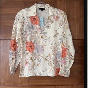 Ann Taylor NWT linen spring summer floral v-neck blouse SZ XSP